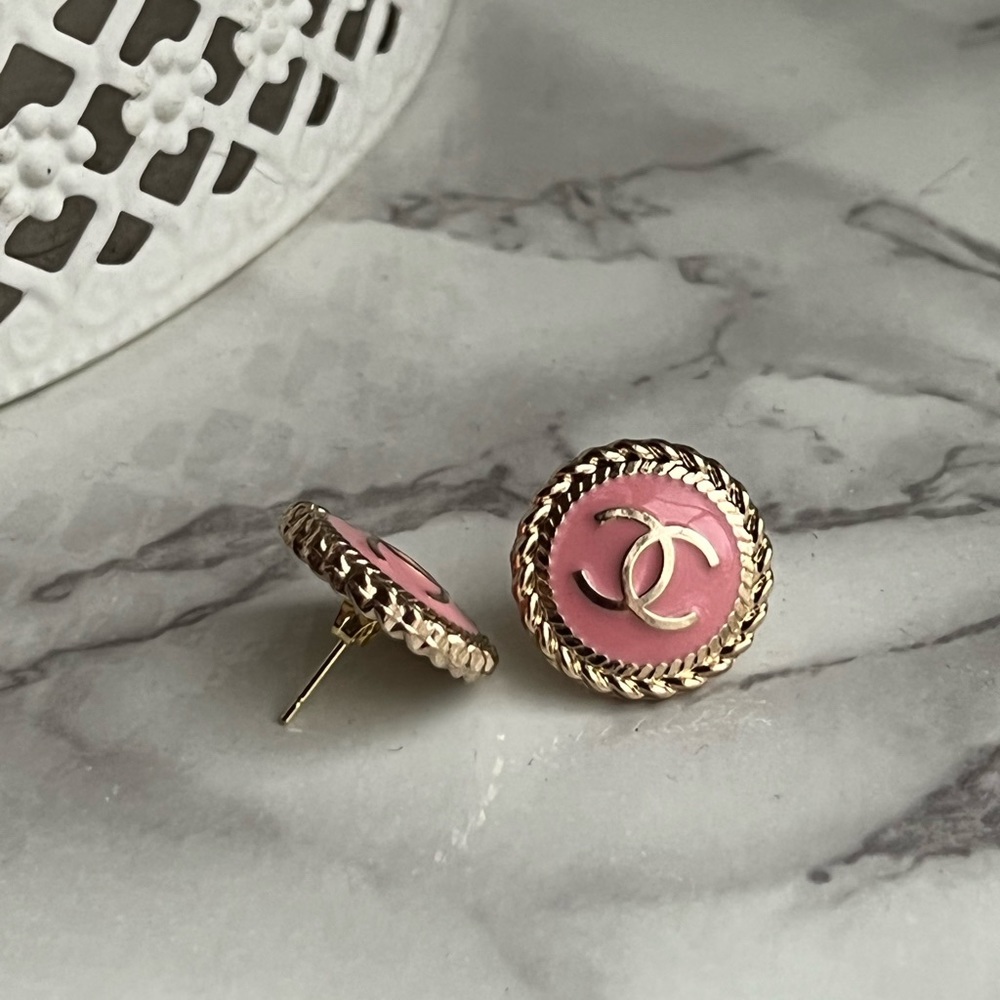 CHANEL Pink and Gold CC Logo Button Stud Earrings
